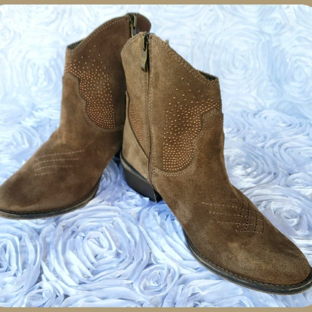 Women's Western Limelight Montana Brown Suede Studded Heel Zipper Boots Size 8 M